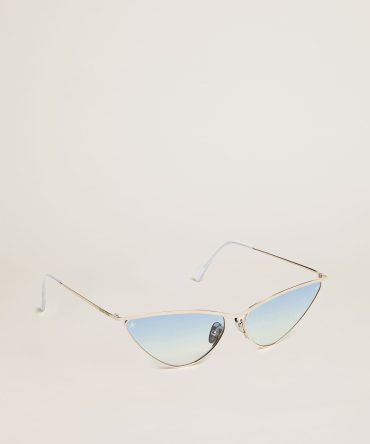 Sunglasses cat-eye style with silver frame and blue lenses