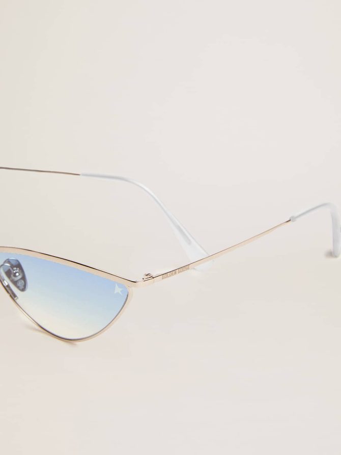 Sunglasses cat-eye style with silver frame and blue lenses - Image 2