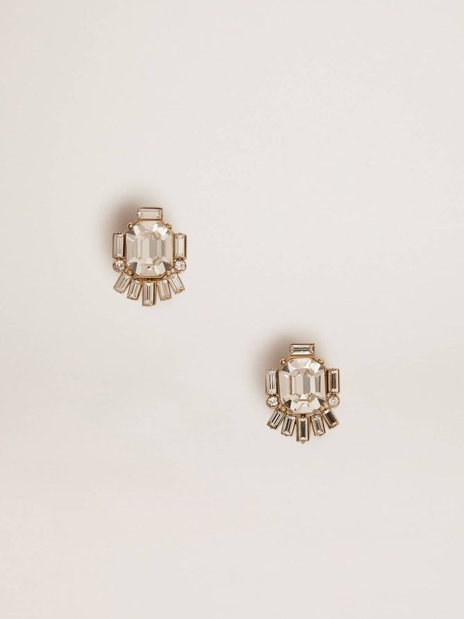 Women’s Déco stud earrings in antique gold color with crystals