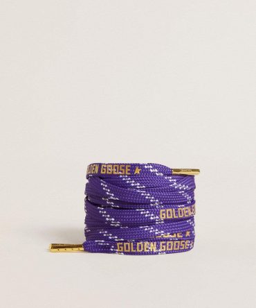 Purple laces with decorations and contrasting gold-colored logo