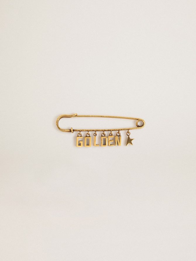 Pin in antique gold color with drop Golden lettering