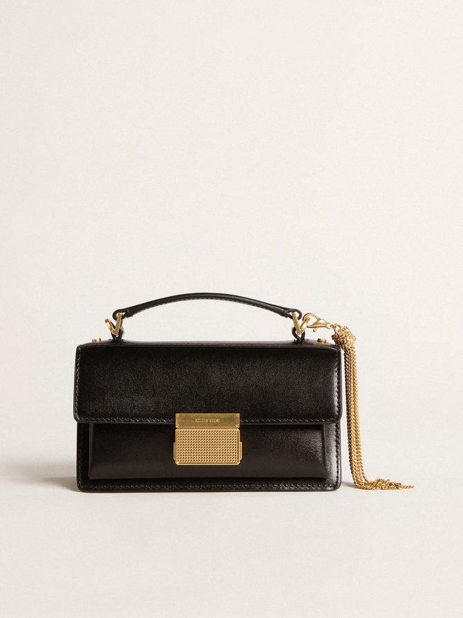 Small Venezia Bag in black boarded leather with gold details - Image 6