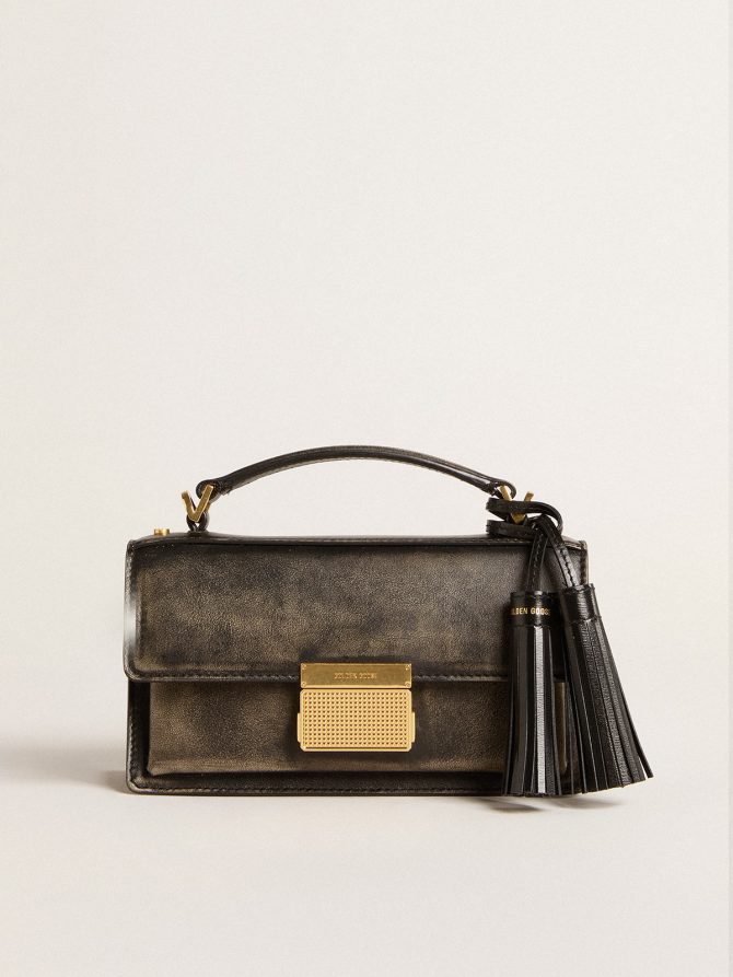 Small Venezia Bag in black distressed leather with gold details - Image 4