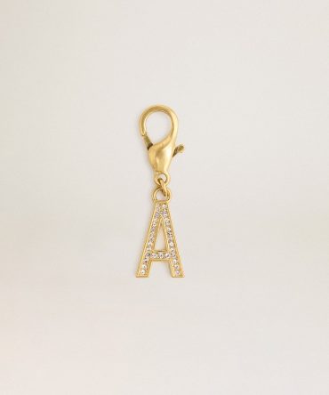 Letter A charm in gold-colored brass with crystals