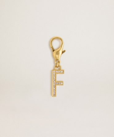 Letter F charm in gold-colored brass with crystals