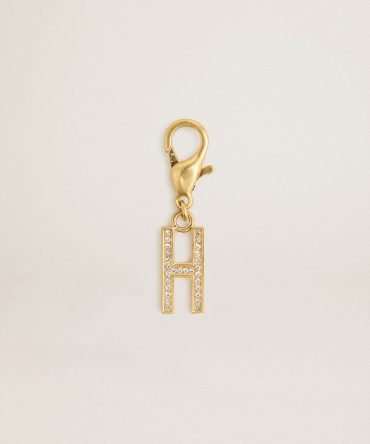 Letter H charm in gold-colored brass with crystals