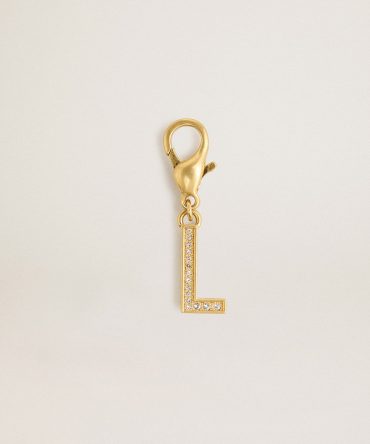 Letter L charm in gold-colored brass with crystals