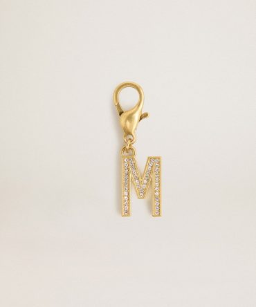 Letter M charm in gold-colored brass with crystals