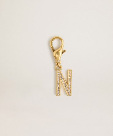 Letter N charm in gold-colored brass with crystals