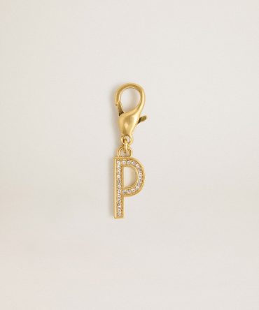 Letter P charm in gold-colored brass with crystals