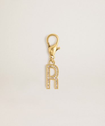 Letter R charm in gold-colored brass with crystals