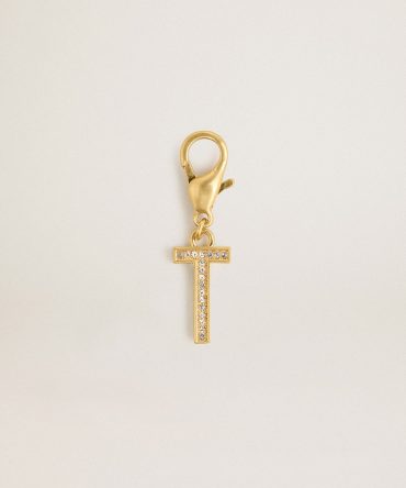 Letter T charm in gold-colored brass with crystals