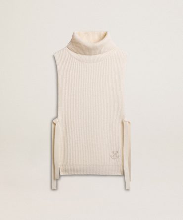 Unisex white high-neck sleeveless sweater in ribbed wool