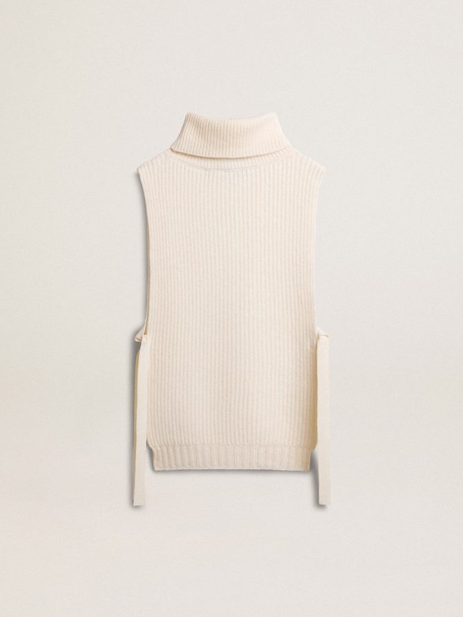 Unisex white high-neck sleeveless sweater in ribbed wool - Image 2