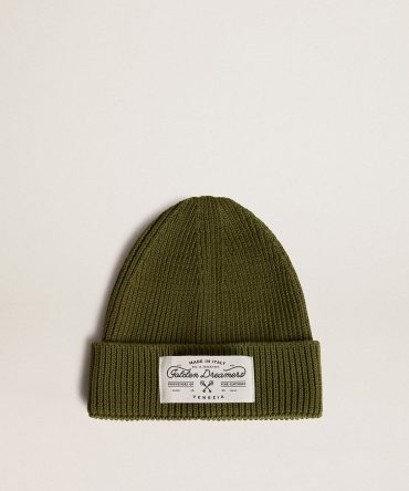 Military-green cotton beanie with appliqué label on the front