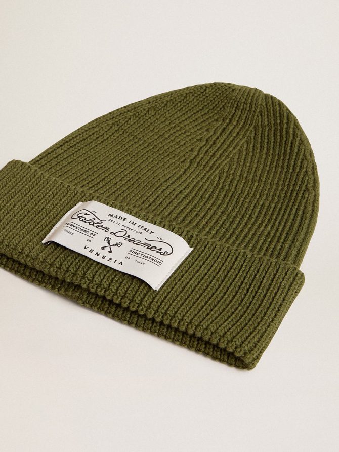 Military-green cotton beanie with appliqué label on the front - Image 2