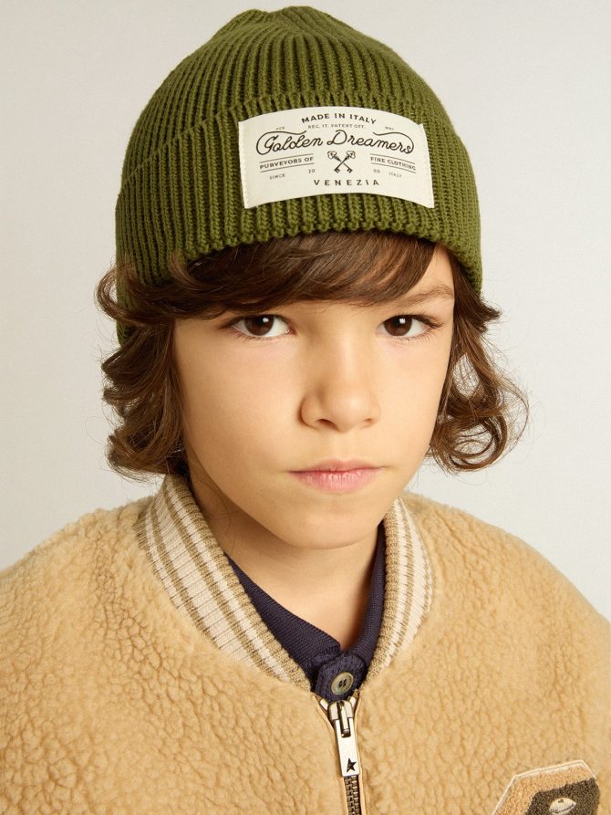 Military-green cotton beanie with appliqué label on the front - Image 3
