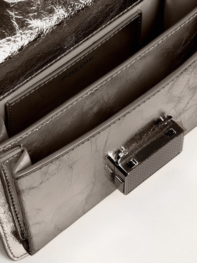 Small Venezia Bag in anthracite-gray metallic leather with black details - Image 4