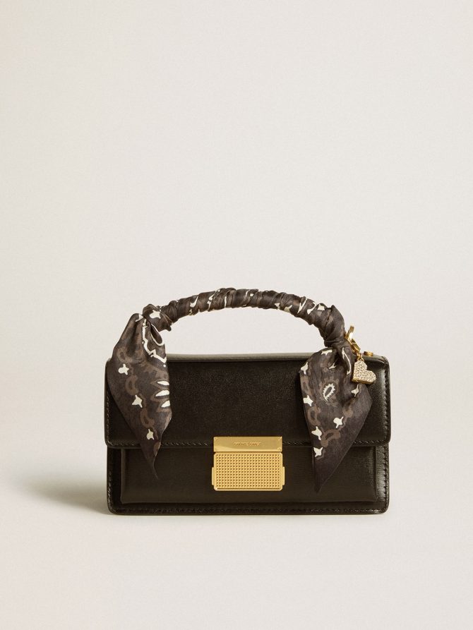 Small Venezia Bag in black boarded leather with silk scarf and charm