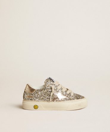 May Junior in platinum glitter with metallic leather star and heel tab