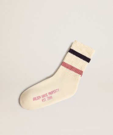Worn white Kids socks with distressed details and two-tone lilac and blue stripes