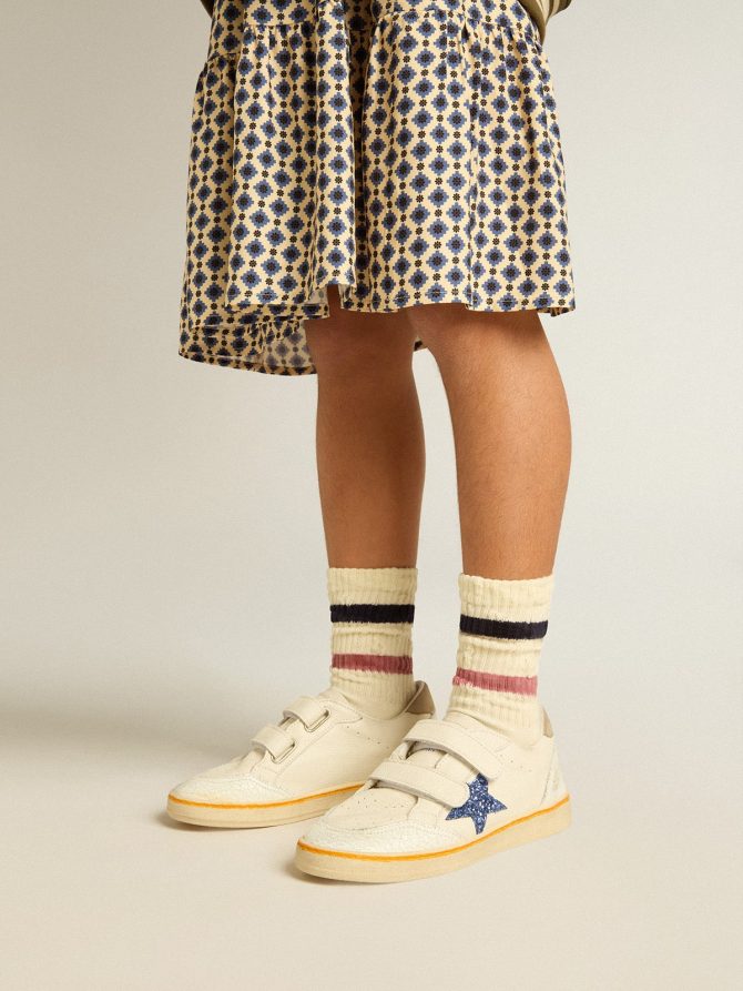 Worn white Kids socks with distressed details and two-tone lilac and blue stripes - Image 2