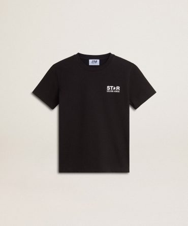 Black T-shirt with contrasting white logo on the front and maxi star on the back