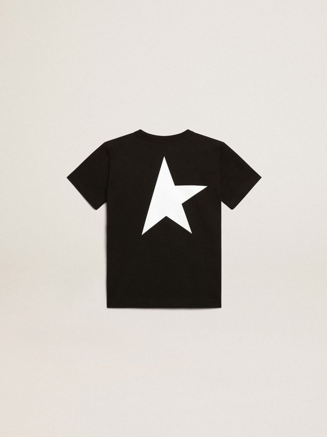 Black T-shirt with contrasting white logo on the front and maxi star on the back - Image 2