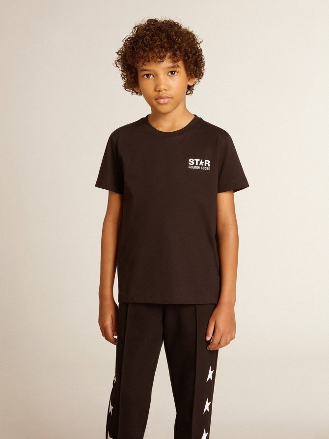 Black T-shirt with contrasting white logo on the front and maxi star on the back - Image 3