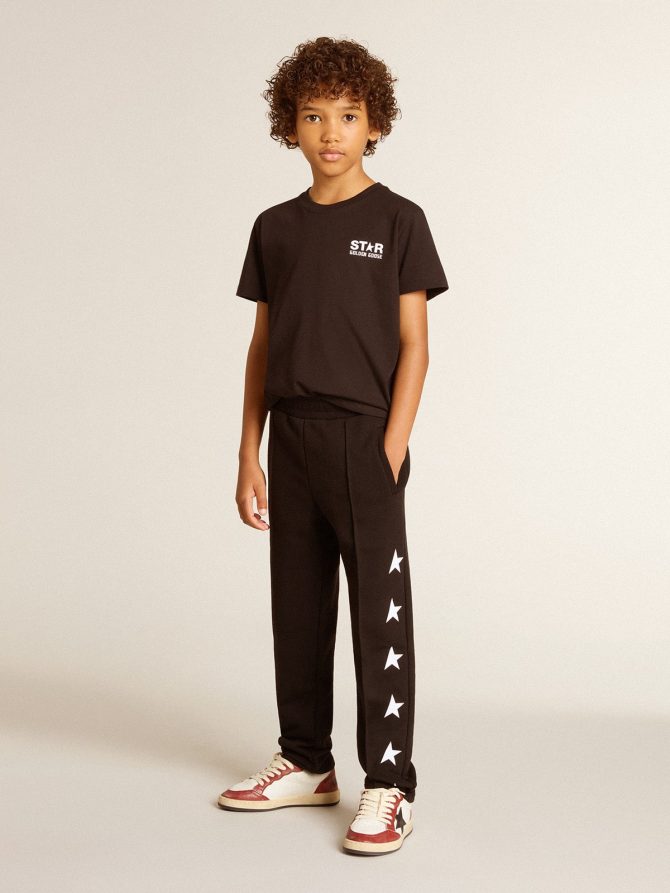 Black T-shirt with contrasting white logo on the front and maxi star on the back - Image 4