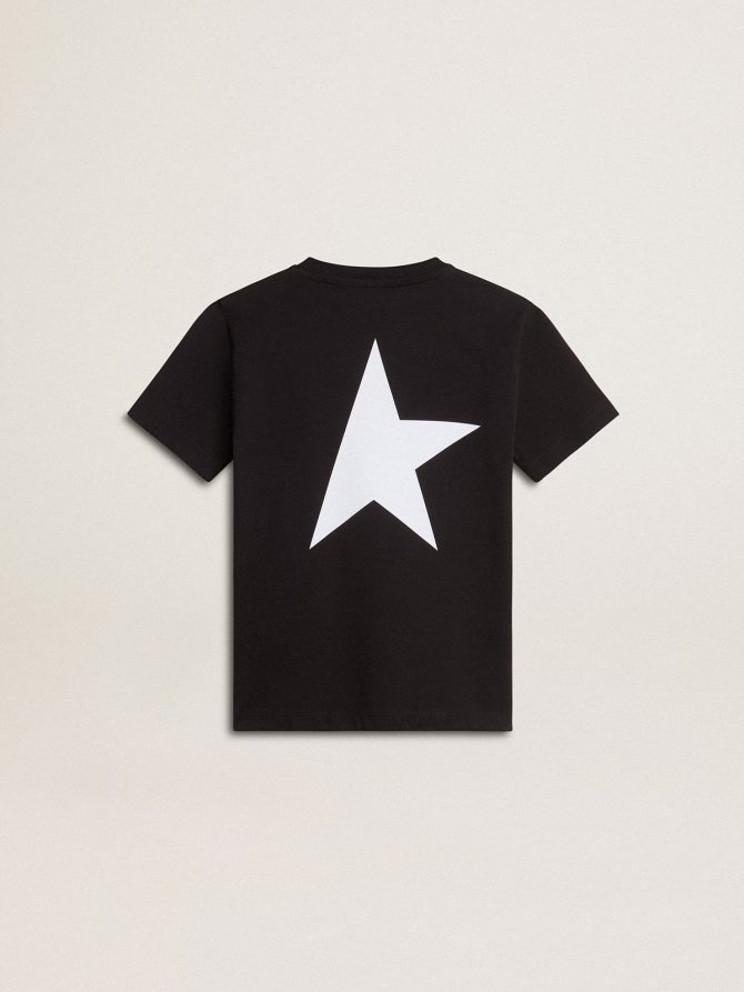 Black T-shirt with contrasting white logo on the front and maxi star on the back - Image 7