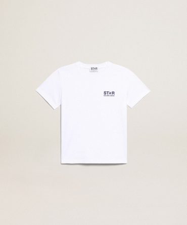 Boys’ white T-shirt with contrasting dark blue logo and star