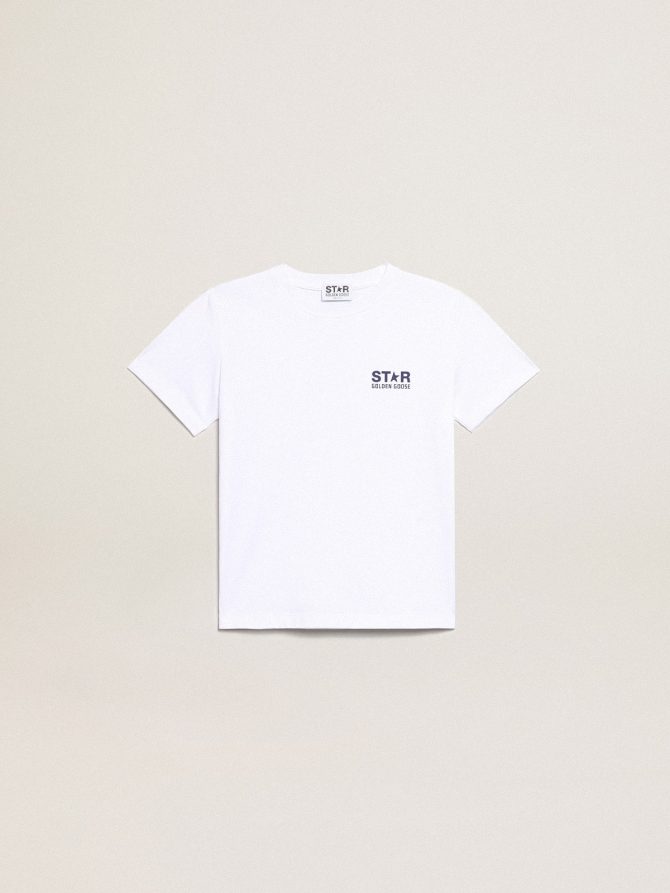 Boys’ white T-shirt with contrasting dark blue logo and star