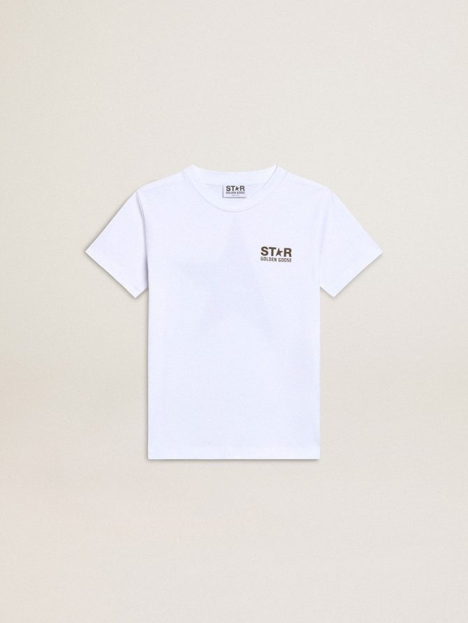 Boys’ white T-shirt with contrasting dark green logo and star