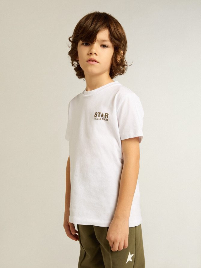 Boys’ white T-shirt with contrasting dark green logo and star - Image 3