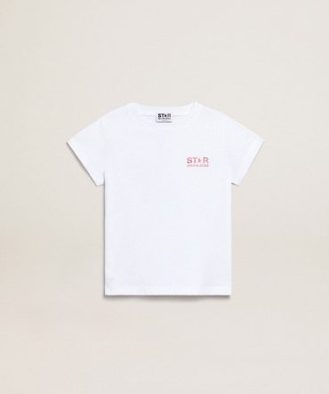 Girls’ white T-shirt with pink glitter logo and maxi star