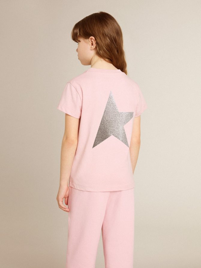 Girls’ pink T-shirt with silver glitter logo and maxi star - Image 4
