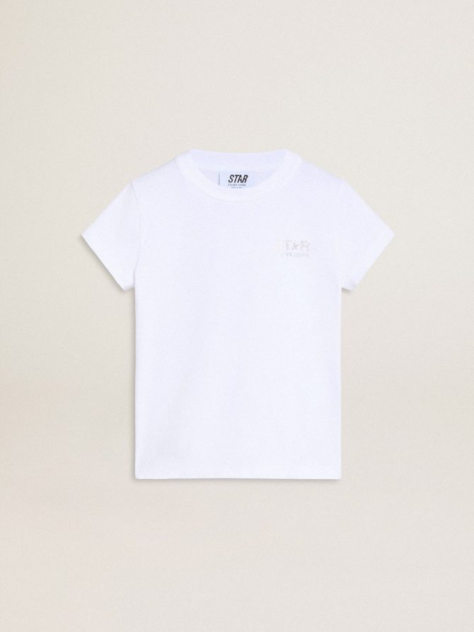 White and silver T-shirt with logo and maxi star in silver glitter
