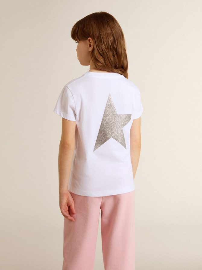 White and silver T-shirt with logo and maxi star in silver glitter - Image 5