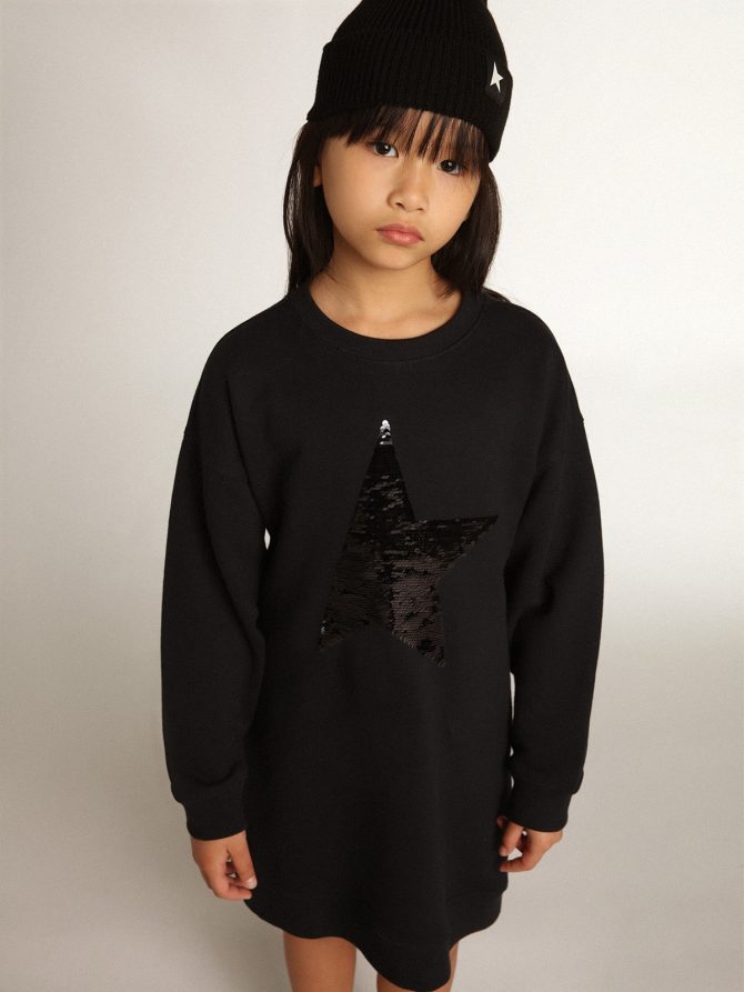 Girls’ dark blue sweatshirt dress with sequin star - Image 3