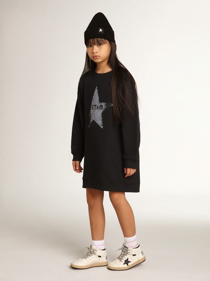 Girls’ dark blue sweatshirt dress with sequin star - Image 4