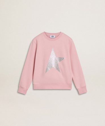Pink sweatshirt with maxi star in silver glitter on the front