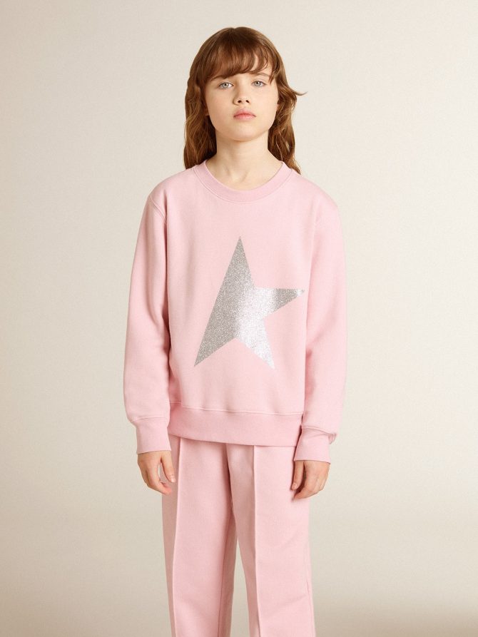 Pink sweatshirt with maxi star in silver glitter on the front - Image 3