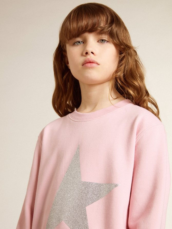 Pink sweatshirt with maxi star in silver glitter on the front - Image 6