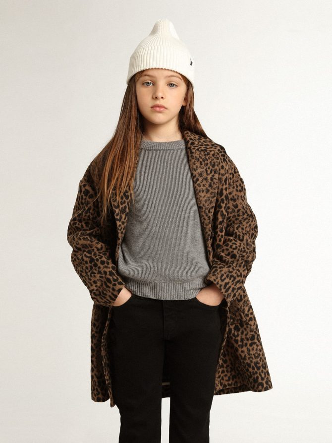 Girls’ single-breasted coat in wool with jacquard animal print - Image 3