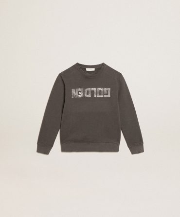 Distressed gray sweatshirt with crystal lettering