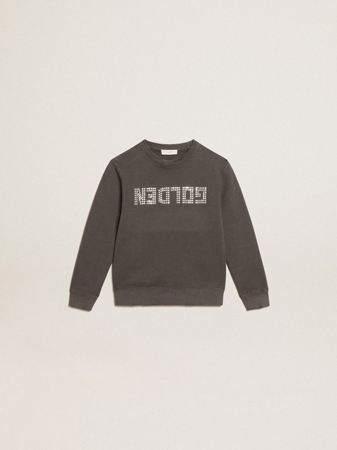 Distressed gray sweatshirt with crystal lettering