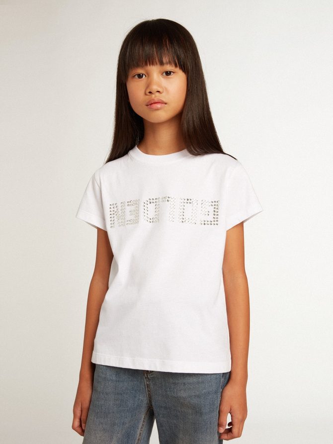 White T-shirt with central Golden lettering in crystals - Image 3
