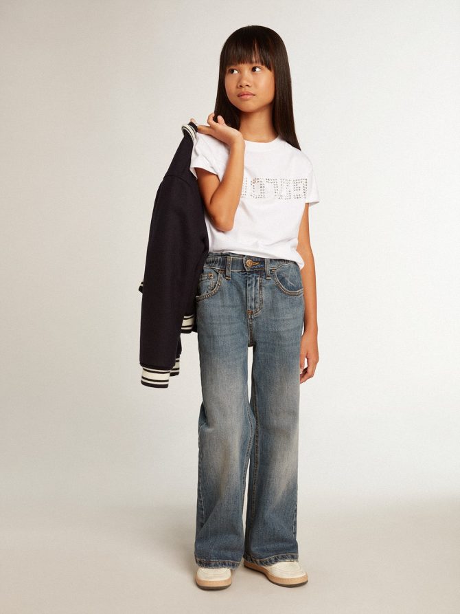 White T-shirt with central Golden lettering in crystals - Image 4