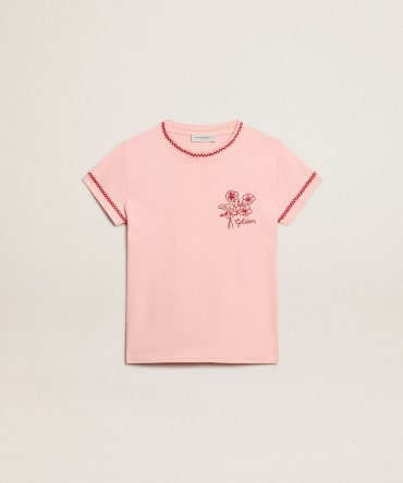 Pink T-shirt with red trim and embroidered flower on the heart